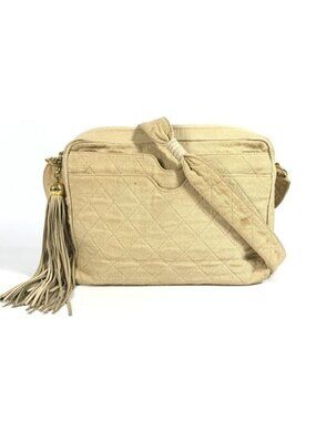 Chanel Shoulder Bag Logo Quilted Fringe Tassel Canvas Beige